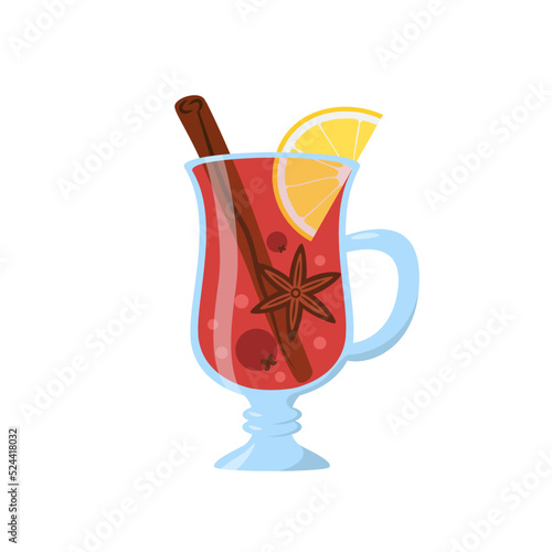 Mulled wine drink in irish coffee glass mug with cinnamon stick, lemon slice and star anise. Traditional autumn and winter beverage. Isolated on white background. Vector flat illustration