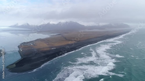 Austurland, Iceland - July 19, 2019: Aerial view of bridge in Diamond Beach, Iceland