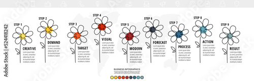 Vector presentation or infographics concept with nine steps. Business color chart in the line shape of a flower (tree). Flat info graphic for technology, education, ecology, network