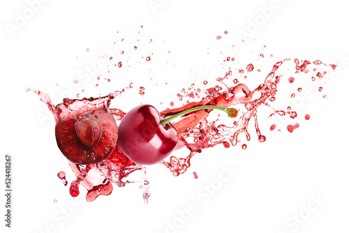 Cuadro en lienzo Sweet cherries and splash of juice isolated on white
