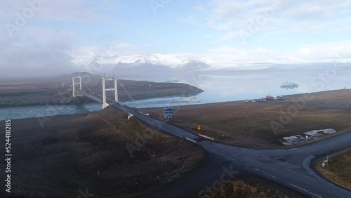 Austurland, Iceland - July 19, 2019: Aerial view of bridge in Diamond Beach, Iceland