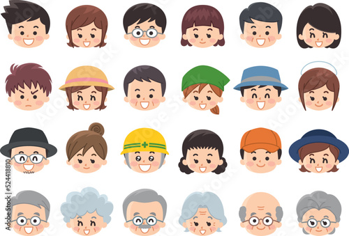 人々の笑顔　老若男女　顔アイコン