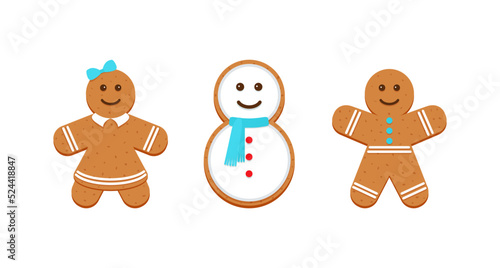 Christmas Gingerbread cookies. Cute ginger bread man, woman and snowman. Classic Xmas biscuit. Vector illustration. Noel holiday sweet desserts isolated on white background.