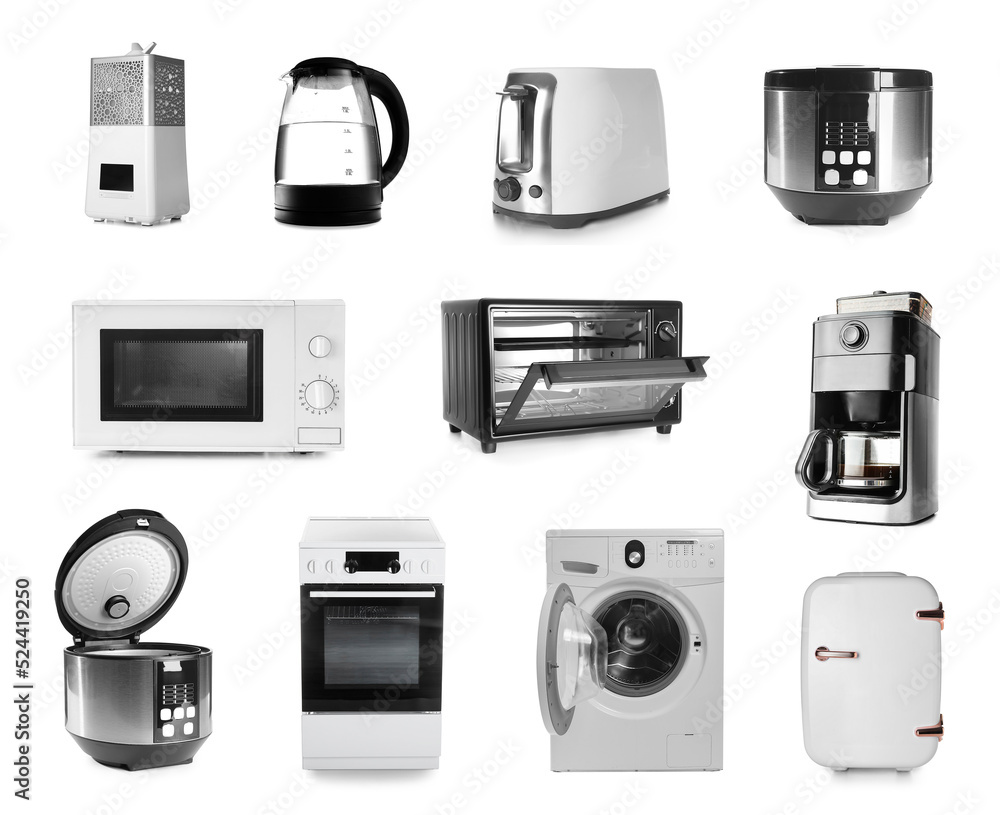 Set of different household appliances isolated on white Set of different household appliances isolated on white