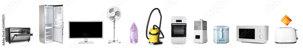 Set of different household appliances isolated on white Set of different household appliances isolated on white