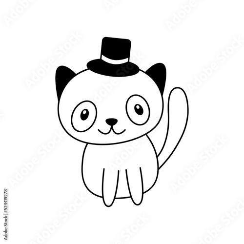 Vector doodle cartoon cat sits with magician's hat on head.Childish festive kitten clipart.Outline.Sketch.Isolated on white background.
