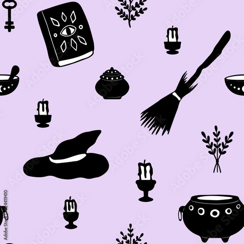 Vector magical witchcraft seamless pattern.Hand drawn mystic background with doodle witch house elements:broomstick,hat,spellbook,herb,candle.Doodle.