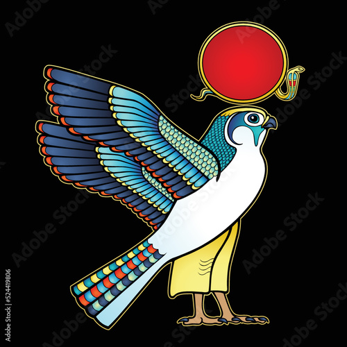 Animation color drawing:  sacred Egyptian Falcon bird. God Horus - deity of heaven and sun. View profile. Vector illustration isolated on a black background.