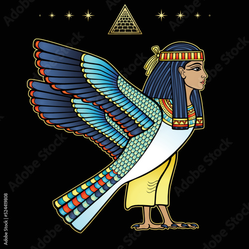 Animation portrait: mystical goddess of ancient Egypt with head of a woman and body of a falcon. View profile. Pyramid symbol. Vector illustration isolated on a black background.