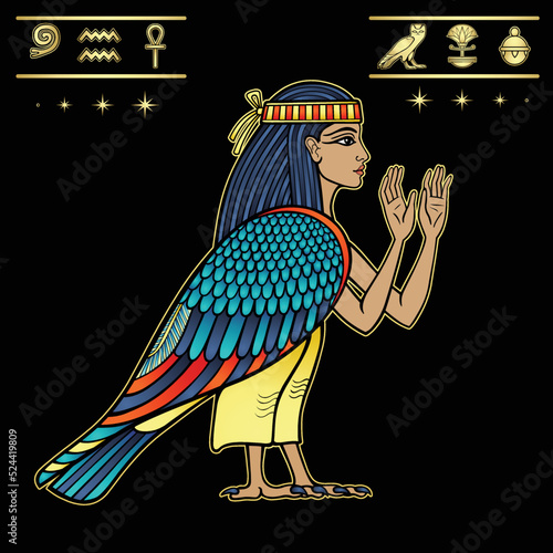 Animation portrait: mystical goddess of ancient Egypt with head and arms of a man and body of a falcon. View profile. Set of hieroglyphs. Vector illustration isolated on a black background.