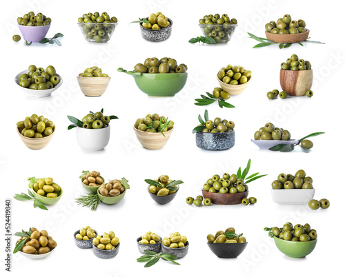 Set of green olives isolated on white