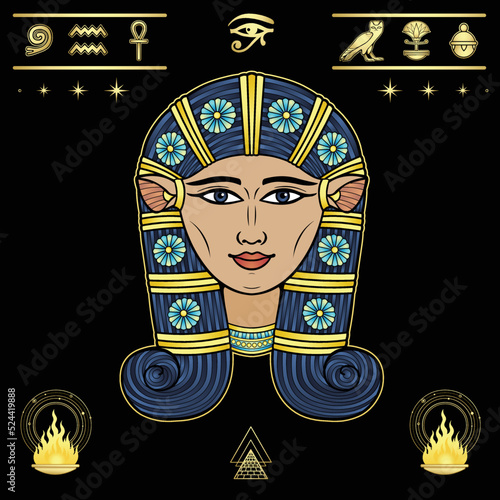 Animation color  portrait: beautiful Egyptian Goddess Hathor with cow ears. Deity of heaven, joy, love and beauty. Fire, a set of hieroglyphs. Vector illustration isolated on a black background. 