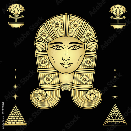Animation color  portrait: beautiful Egyptian Goddess Hathor with cow ears. Deity of heaven, joy, love and beauty. Vector illustration isolated on a black background. Gold imitation.