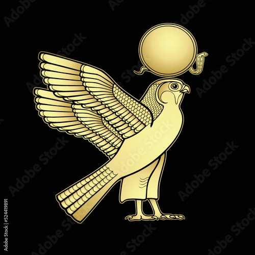 Animation color drawing:  sacred Egyptian Falcon bird. God Horus - deity of heaven and sun. View profile. Vector illustration isolated on a black background. Gold imitation.