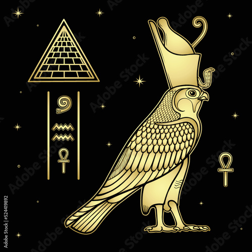 Animation drawing:  sacred Egyptian Falcon bird in crown. God Horus - deity of heaven and sun. View profile. Pyramid symbol, hieroglyphs.Vector illustration isolated on a black background. 