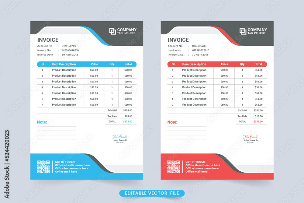 Print ready modern invoice template vector with red and blue colors. Professional business invoice design with abstract shapes. Creative invoice template and payment receipt decoration. Print ready modern invoice template vector with red and blue colors. Professional business invoice design with abstract shapes. Creative invoice template and payment receipt decoration.
