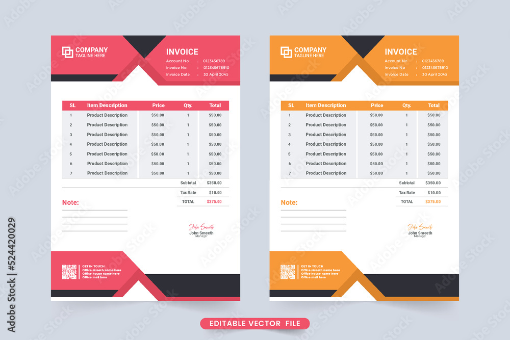 Minimal invoice template and price receipt vector with abstract shapes. Business vouchers and cash receipts vector with red and yellow colors. Payment Agreement and purchase info record paper vector.