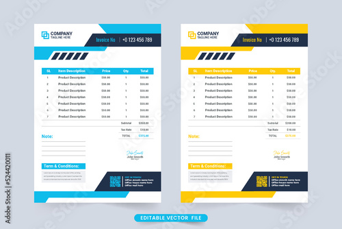 Invoice template and billing paper layout design for modern business. Payment agreement and cash receipt vector with yellow and blue color. Minimalist invoice template and product purchase receipt.