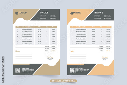 Modern corporate business invoice template decoration with abstract shapes. Payment record and billing paper design with orange and dark color shades. Creative invoice template vector for business.