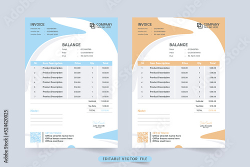 Business stationery and cash receipt layout vector with abstract shapes. Digital business invoice template with orange and blue colors. Payment agreement and invoice bill template for business.