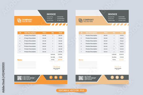 Digital business invoice and purchase voucher design with abstract shapes. Minimal invoice and price receipt decoration for modern business. Professional payment agreement design with price section.