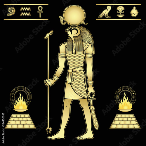 Animation color portrait: Ancient Egyptian god Ra in guise of Falcon. Ritual fire, hieroglyphs. View profile. Vector illustration isolated on a black background. Gold imitation.