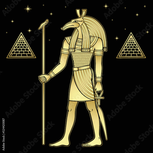Animation portrait: Ancient Egyptian god Seth. God of rage, deserts, sandstorms, death, and strangers. View profile. Full growth.  Vector illustration isolated on a black background. Imitation of gold