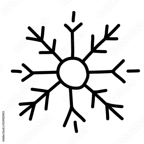 Snowflake in doodle style for winter design. Hand drawn snowflake isolated on whit background. Snowflake icon. Drawing snow. Symbol winter texture. Ice crystal ink freehand. Illustration