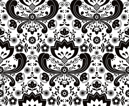Norwegian folk art vector seamless pattern - Rosemaling style embroidery design in black and white
  
