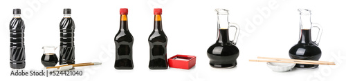 Set of soy sauce on white background