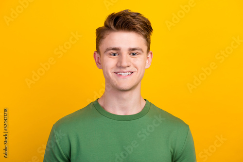 Portrait of young cheerful man in casual cloth smiling isolated bright background. Concept of youth fashion facial emotions lifestyle