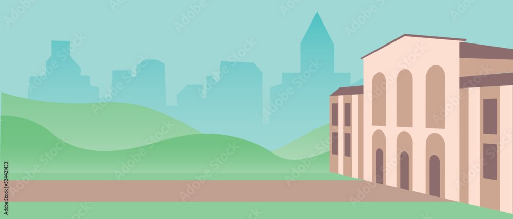 School, university or public place, flat vector stock illustration with outside building as template for design, no people School, university or public place, flat vector stock illustration with outside building as template for design, no people