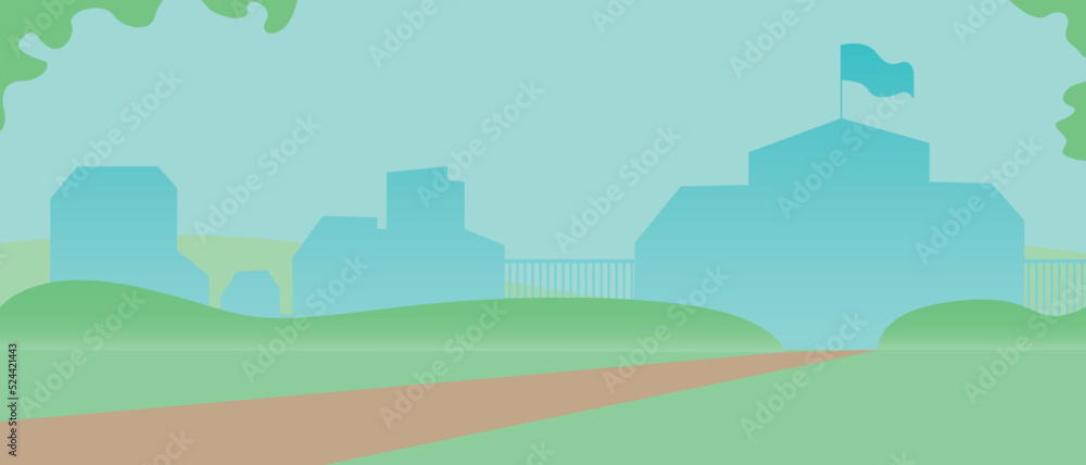 Silhouette of school building or schoolyard with lawn, flat vector stock illustration with outside area and nobody, template for overlay