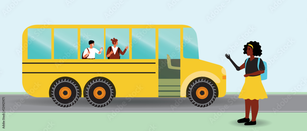 Children on school bus and disabled schoolgirl with prosthesis, flat vector stock illustration
