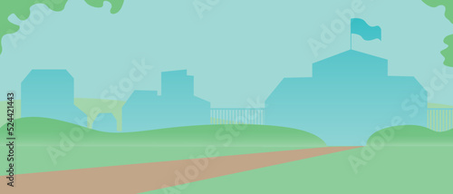 Silhouette of school building or schoolyard with lawn, flat vector stock illustration with outside area and nobody, template for overlay