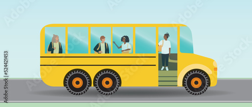 School bus on road, classmates inside, flat vector stock illustration with children on way to school