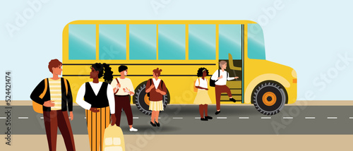 Queue for boarding school bus, flat vector stock illustration with children outside transport