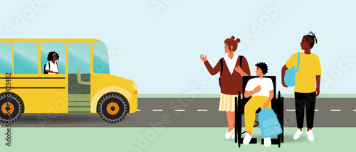 Group of schoolchildren outside school bus, flat vector stock illustration with transportation to school of disabled child