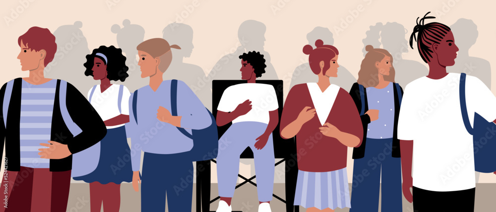 Crowd of children or schoolchildren around inclusive persona, flat vector stock illustration with school hall Crowd of children or schoolchildren around inclusive persona, flat vector stock illustration with school hall