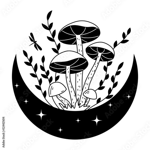 Mystical mushrooms and crescent moon clipart. Magic line celestial mushrooms. Boho witchy doodle design element.