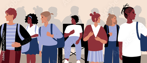 Crowd of children or schoolchildren around inclusive persona, flat vector stock illustration with school hall