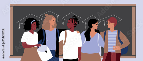 Group of children at blackboard in bonnet, flat vector stock illustration with multicultural different schoolchildren, classmates or students as education concept