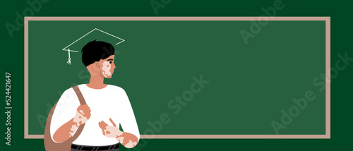 Boy with vitiligo and bonnet at school blackboard, flat vector stock illustration as copy space template for design