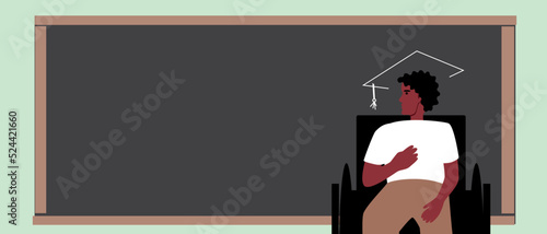Disabled person in wheelchair as schoolboy or student with bonnet at blackboard, flat vector stock illustration as copy space template