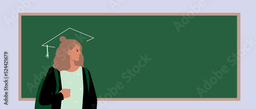 Schoolgirl child or teenager with bonnet at blackboard, flat vector stock illustration as copy space template