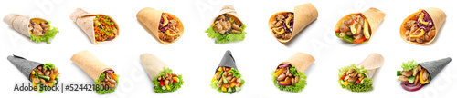 Photos Set of tasty fresh doner kebab isolated on white