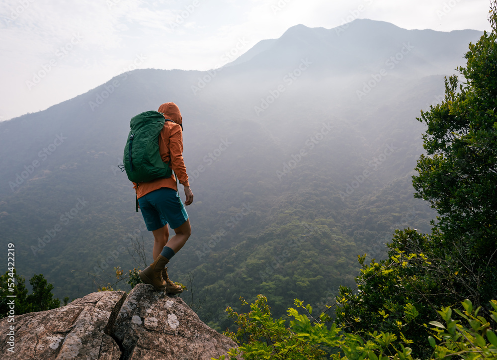 Obraz premium Fearless woman hiker looking at the cliff edge on mountain top