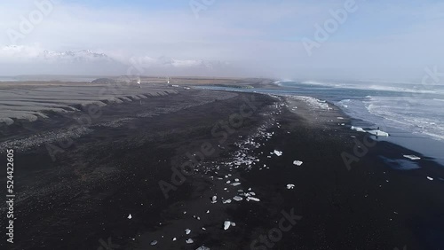 Austurland, Iceland - July 19, 2019: Aerial view of bridge in Diamond Beach, Iceland