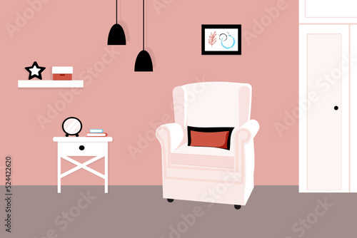 The modern interior of the room with an armchair in pink and powdery shades. The concept of a reading corner. Flat vector illustration, cartoon graphic design. Family living room.