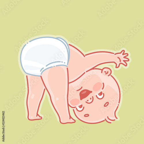 Little baby of 5-12 months stand on head. Cute little baby boy or girl in diaper upside down. Child play, laugh, wave hand. Simple cartoon style.  Color vector illustration. 